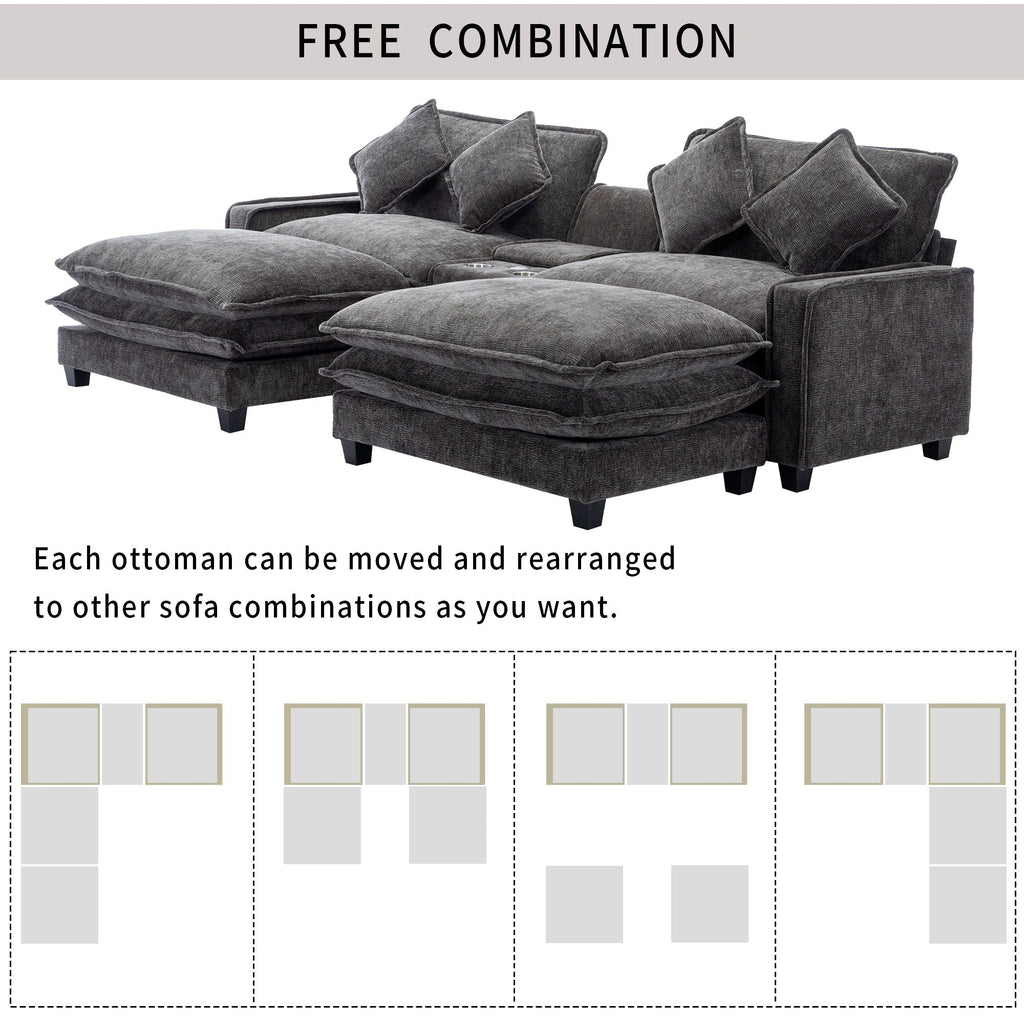 Dark gray sectional sofa with removable ottomans and multiple throw pillows on cushions