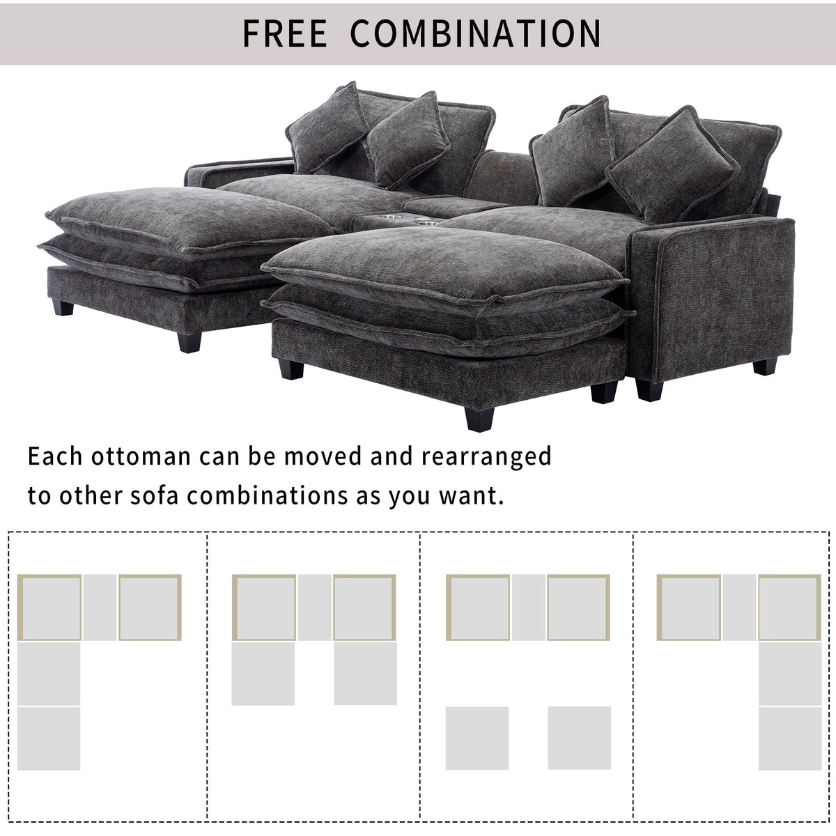 Dark gray sectional sofa with removable ottomans and multiple throw pillows on cushions