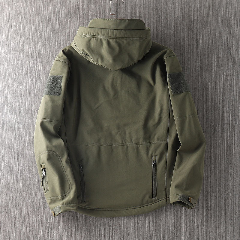 Men's waterproof shell jacket in dark olive green, back view with hood