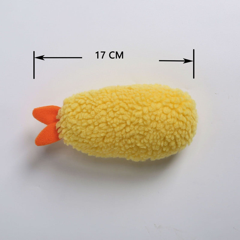 Yellow shrimp plush pet chew toy, 17 cm, with orange tail fin