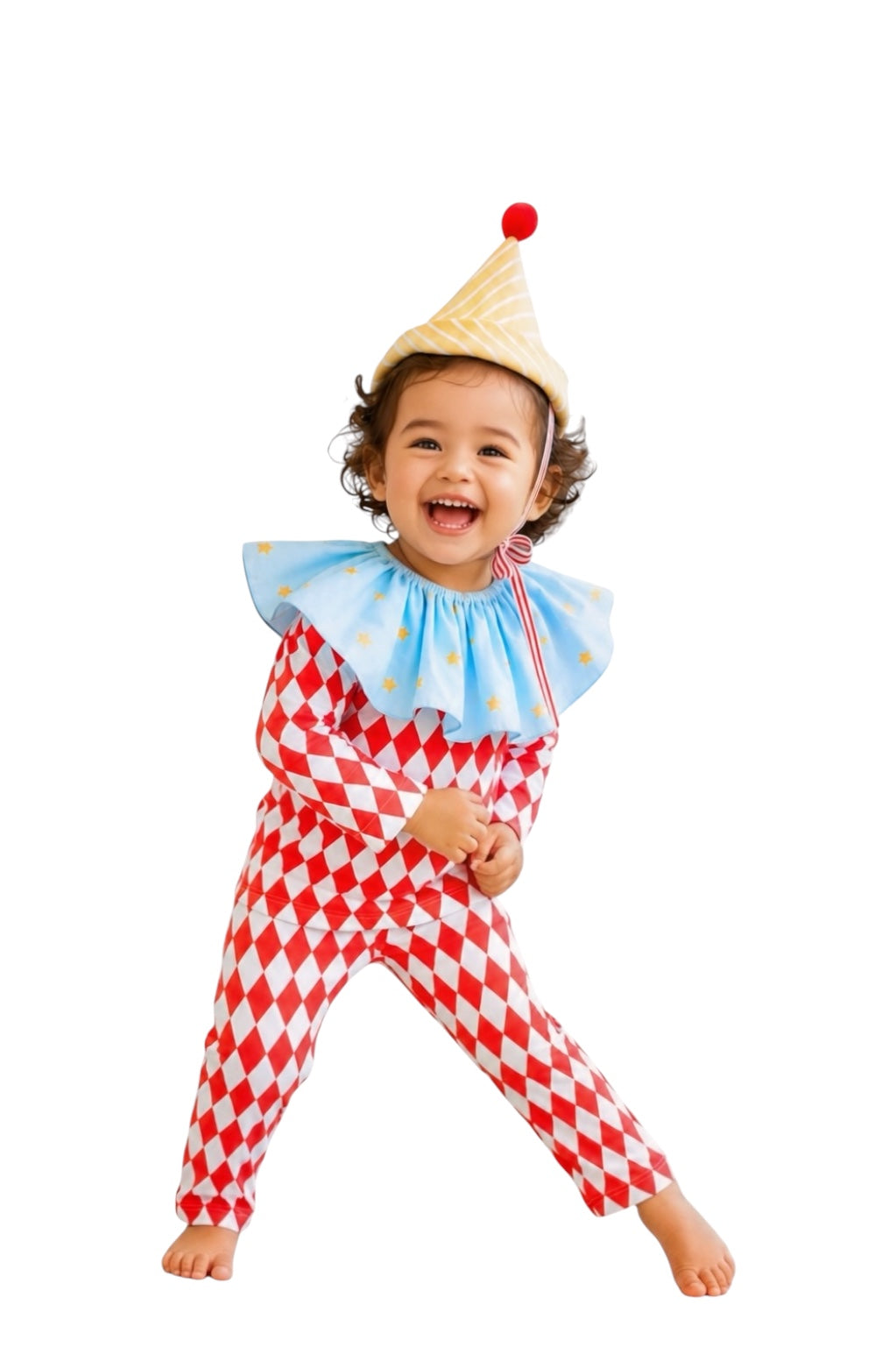 Kids clown costume with red-and-white diamond bodysuit, light blue ruffled collar, striped pointed hat