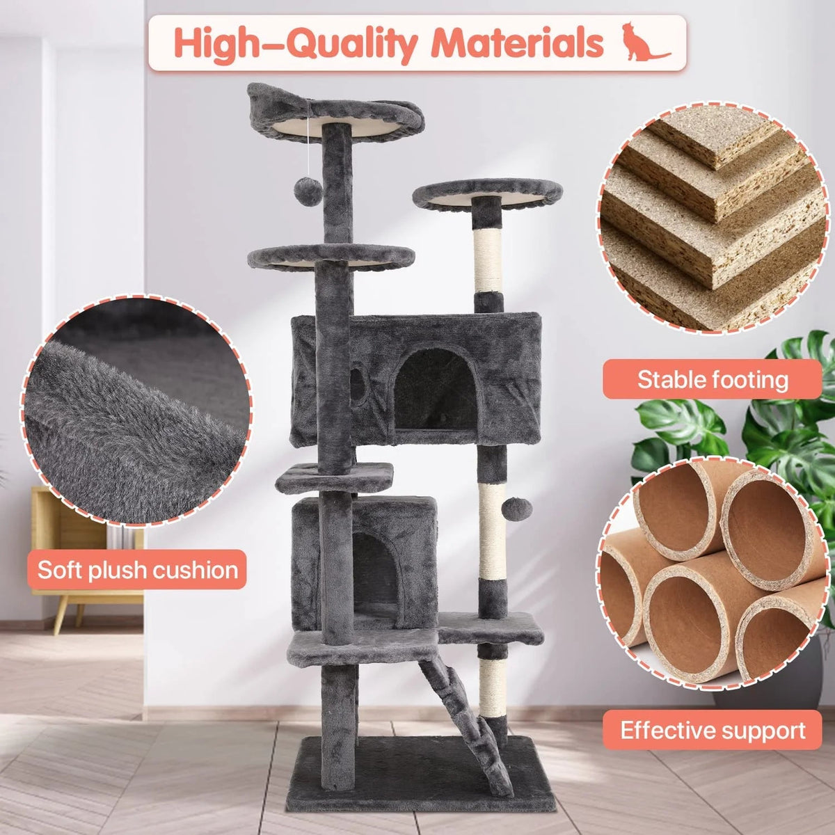 Gray plush cat tree with two condos, platforms, sisal posts and a ramp