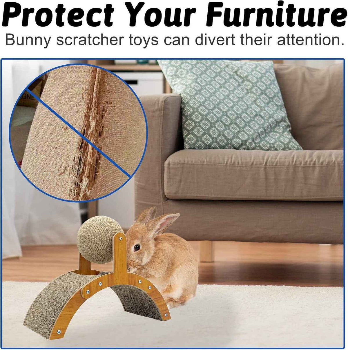 Rabbit beside an arched cardboard scratcher and sisal ball