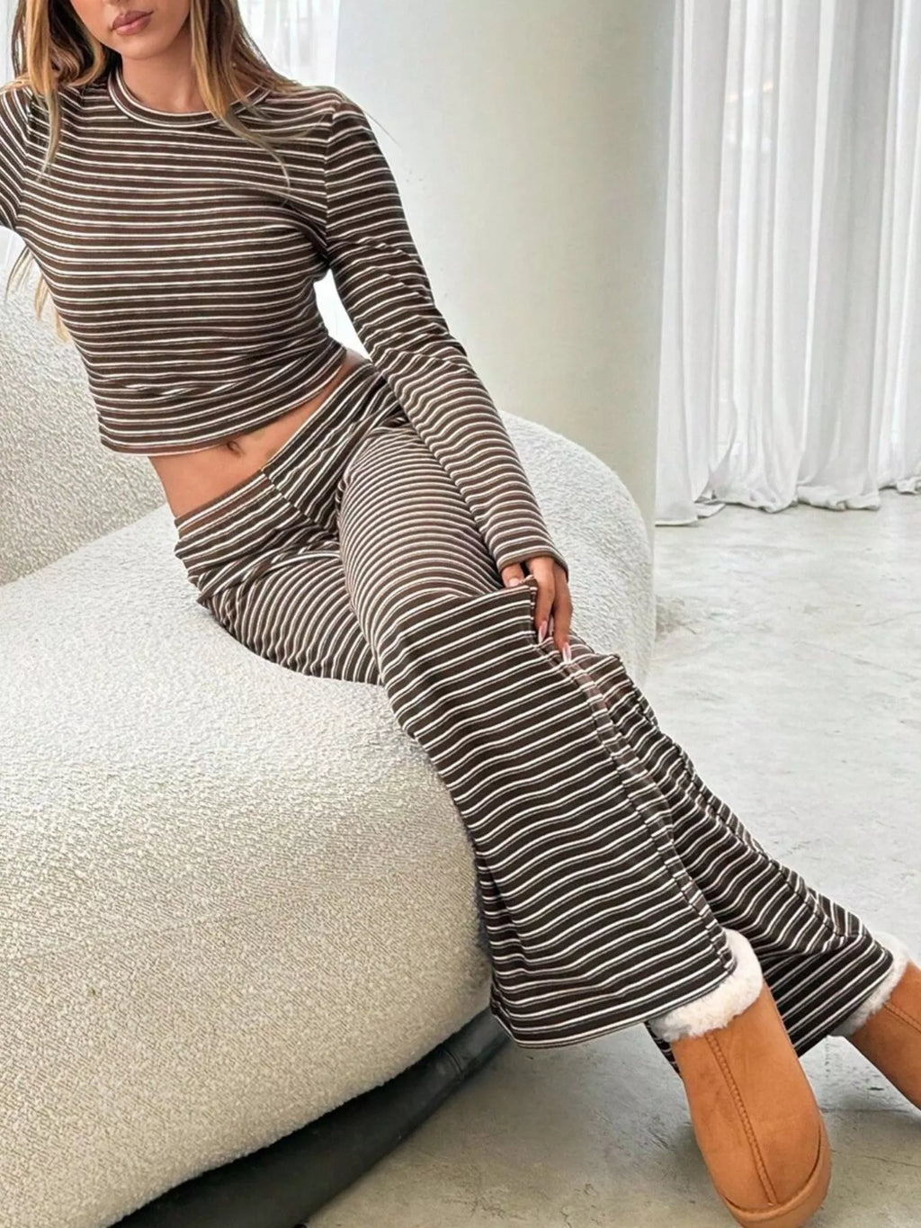 Coffee brown striped long-sleeve crop top and wide-leg pants set with cuffed hem