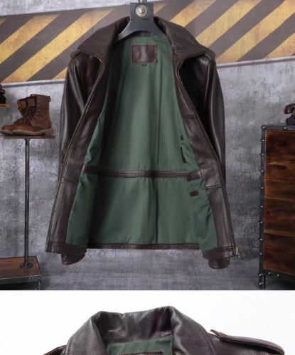 Men's dark leather work jacket with front zipper and green satin lining