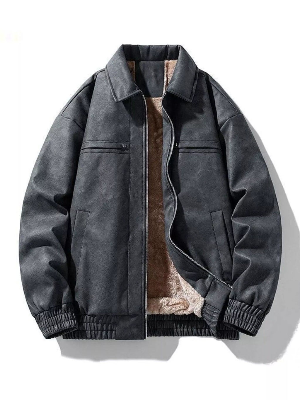 Black fleece-lined zip-up jacket with stand collar and flap chest pockets