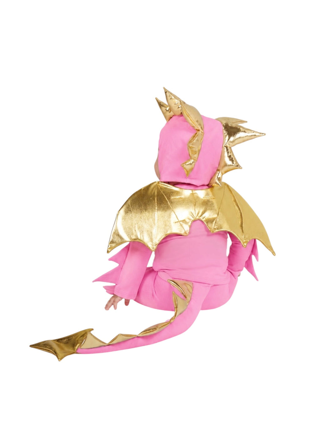 Toddler dragon costume with pink hood, gold wings, and spiked gold shoulders