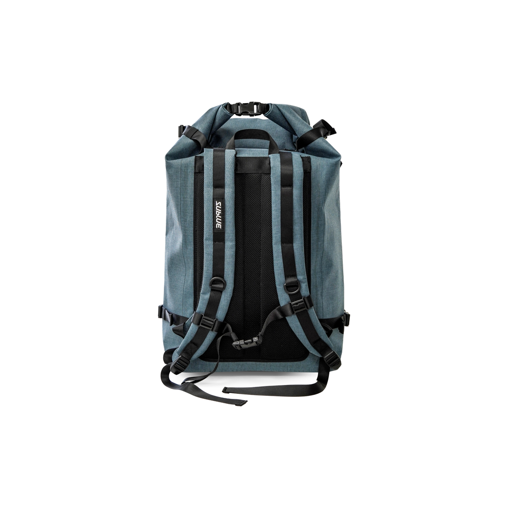 Teal-gray waterproof backpack with padded shoulder straps and top carry handle
