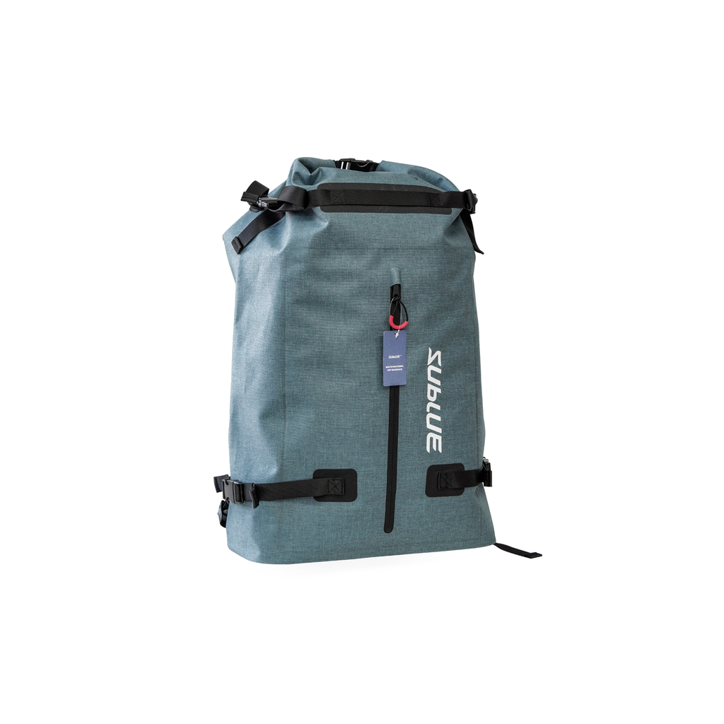 Teal-gray waterproof roll-top backpack with vertical strap and side carrying loops