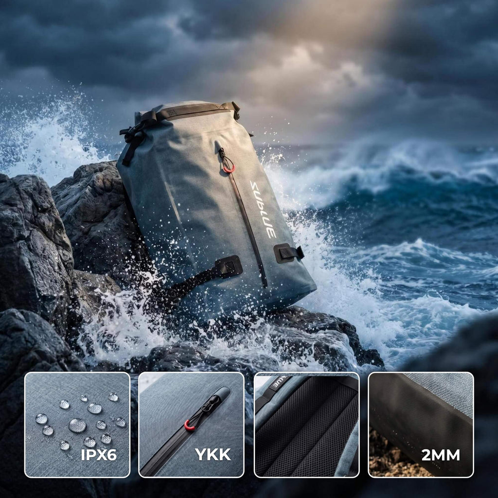 Waterproof 52L roll-top backpack with IPX6 detail view and 2mm fabric highlight