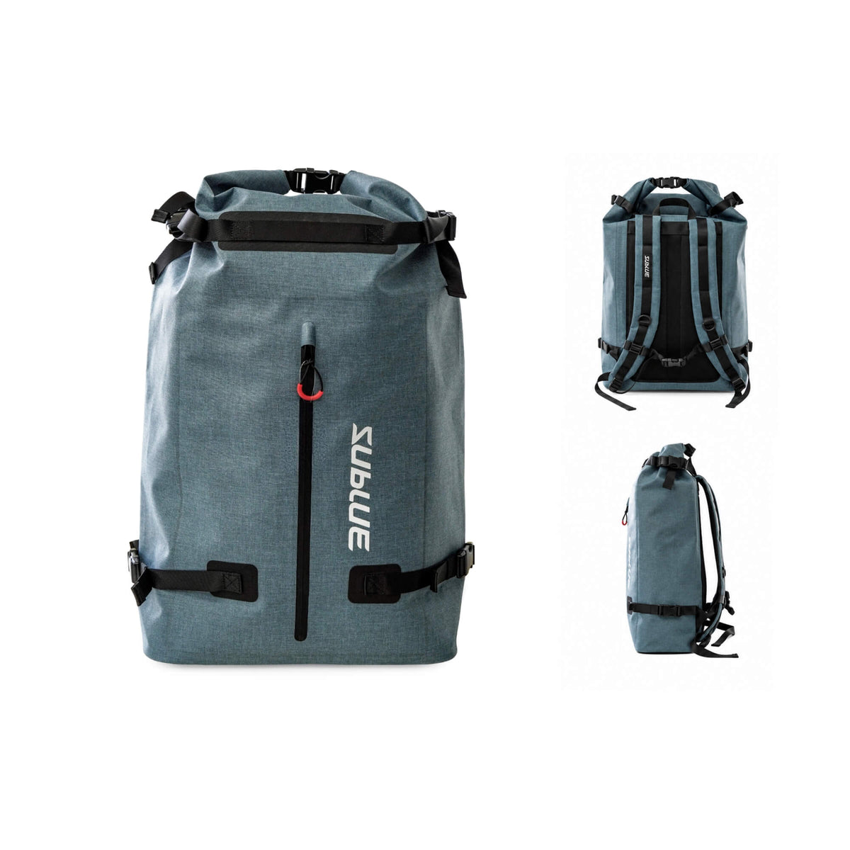 Blue-gray 52L waterproof backpack set: front view plus backpack side and back views