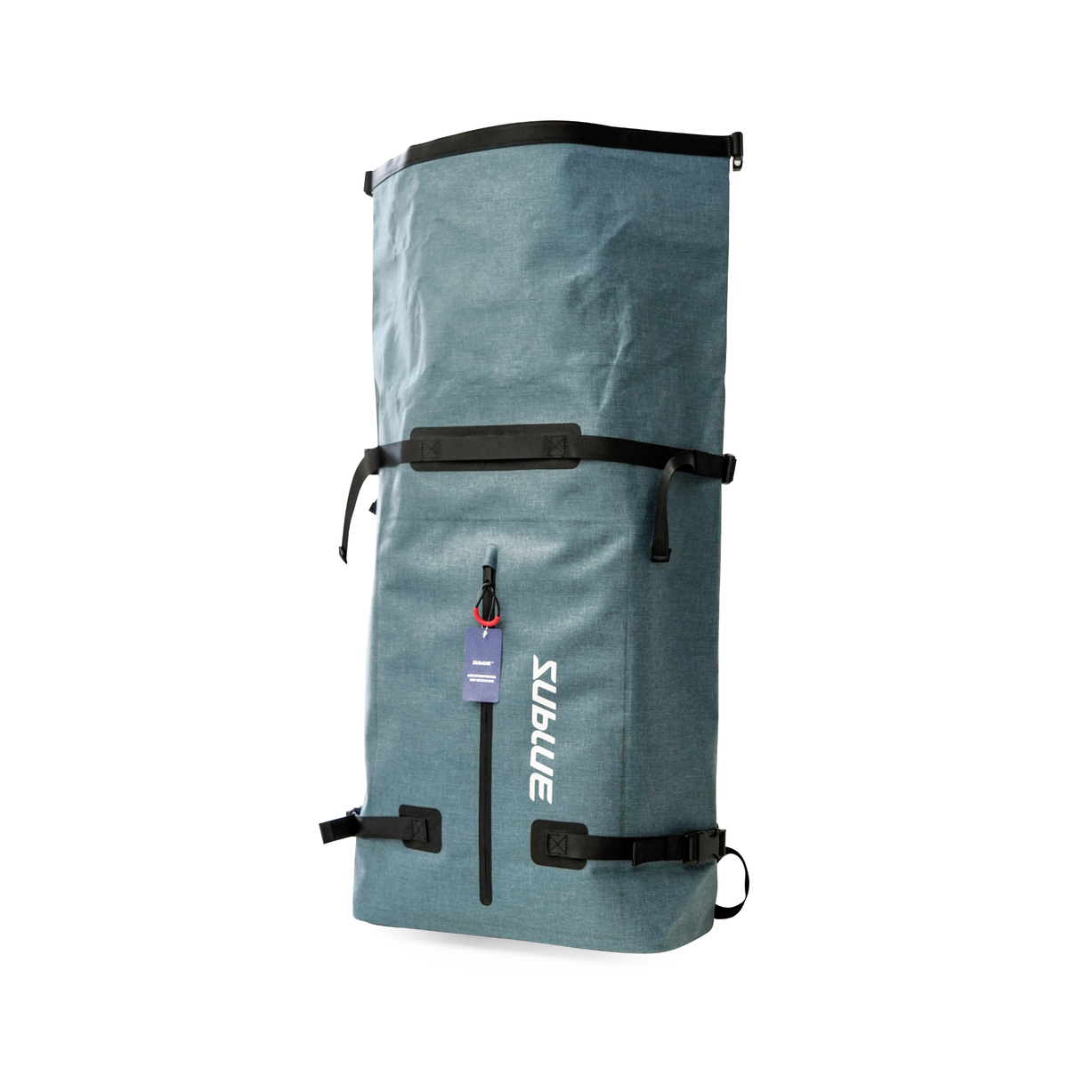 Teal-gray waterproof roll-top backpack with front buckle panel and vertical closure strap