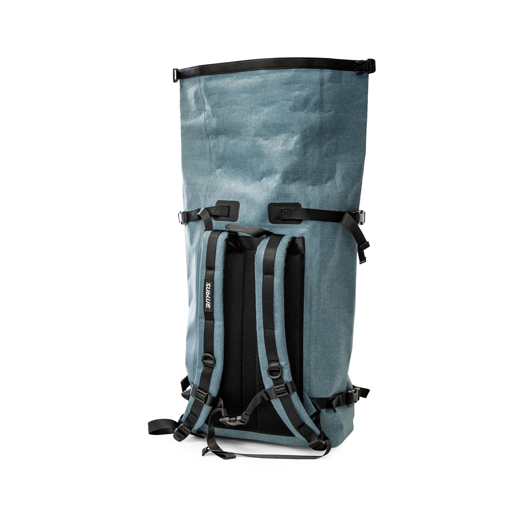 Teal-gray waterproof backpack with padded shoulder straps and back harness padding