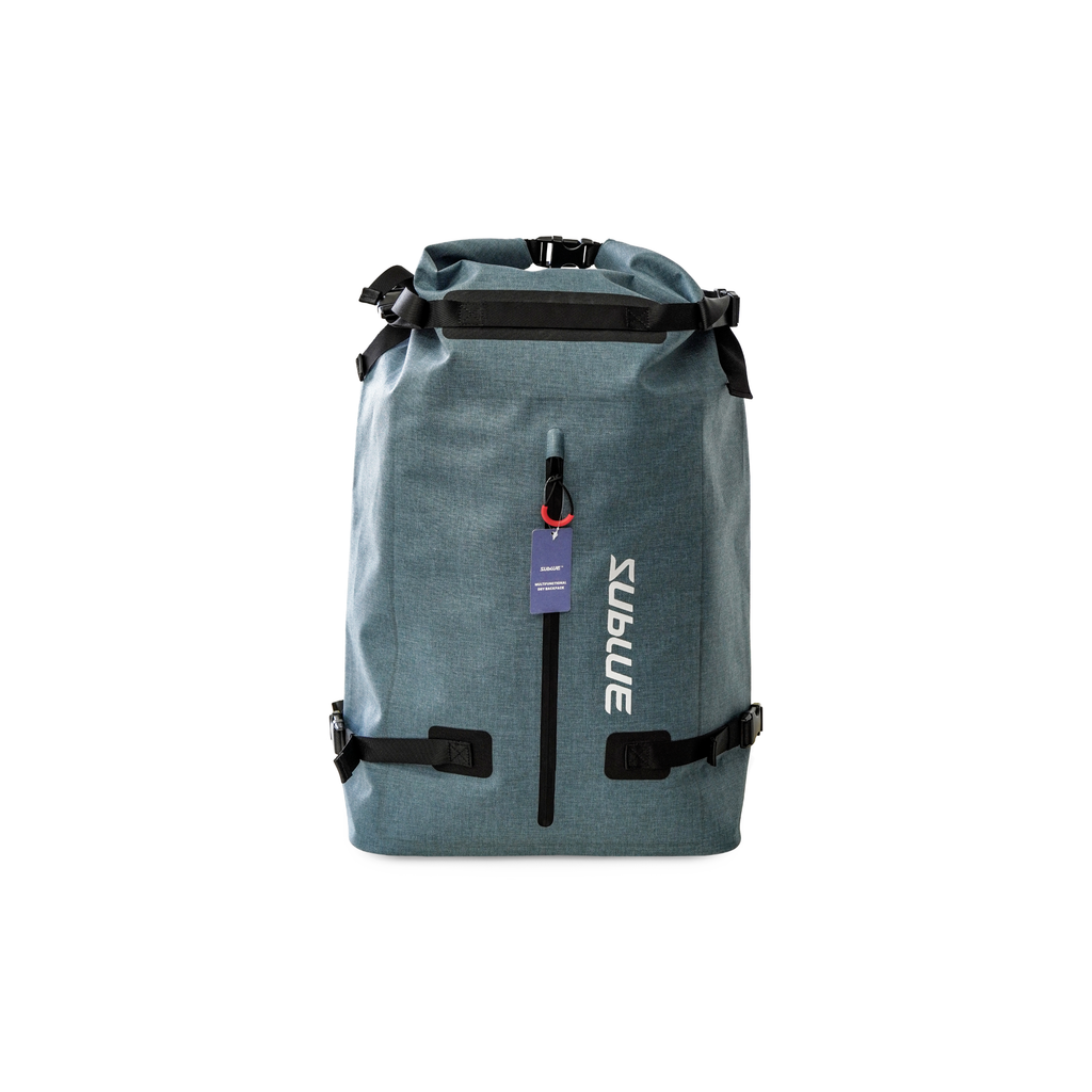 Teal-gray waterproof roll-top backpack with front buckle straps and carry handle