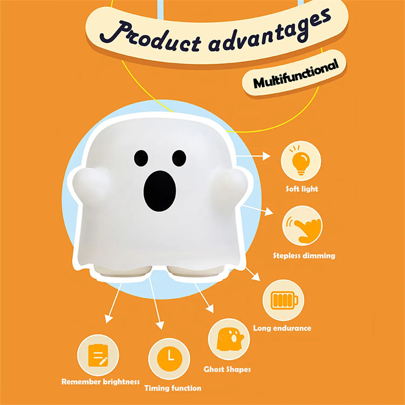 Silicone ghost night light product graphic showing features and lamp silhouette.