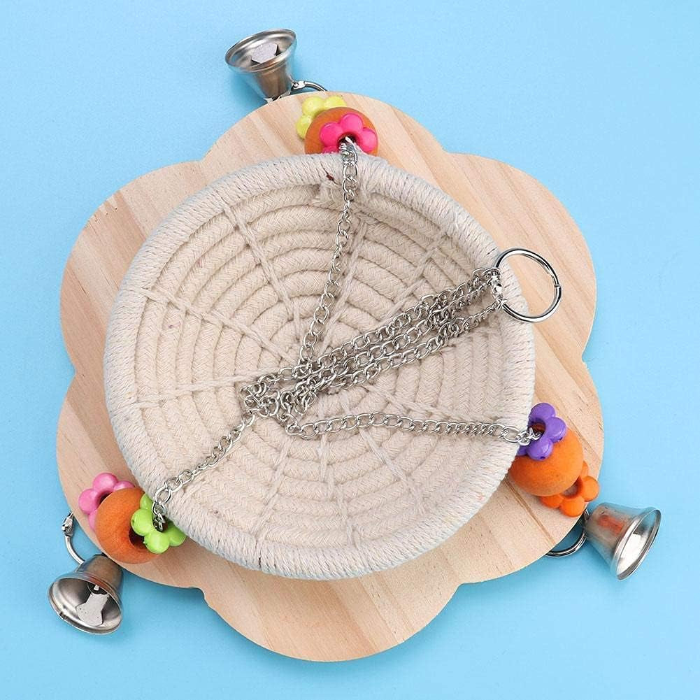 Bird swing hammock viewed from above, showing woven seat, wooden base, chains, beads and bells