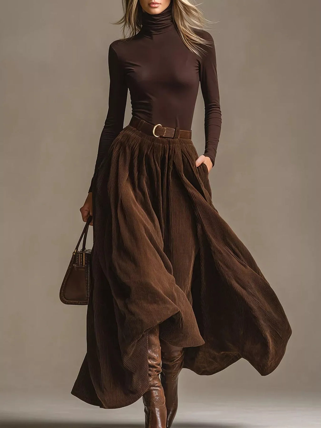 Brown turtleneck long-sleeve top and pleated maxi skirt set with belt