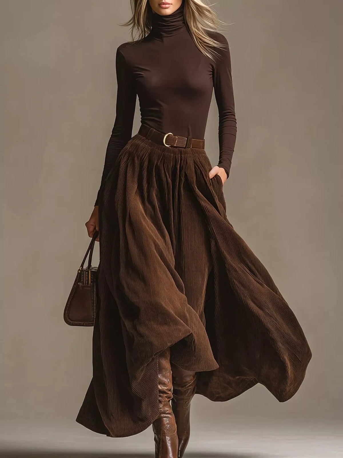 Brown turtleneck long-sleeve top and pleated maxi skirt set with belt