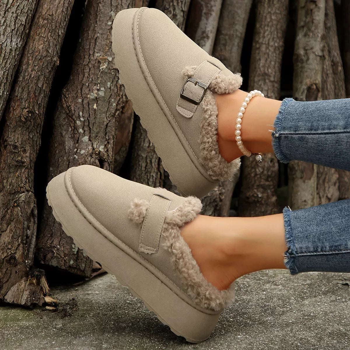 Beige platform slippers with fuzzy lining and adjustable buckle strap