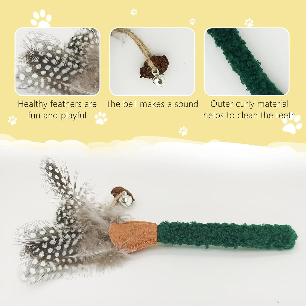 Cat chew stick toy with green textured wand and gray feather sprig