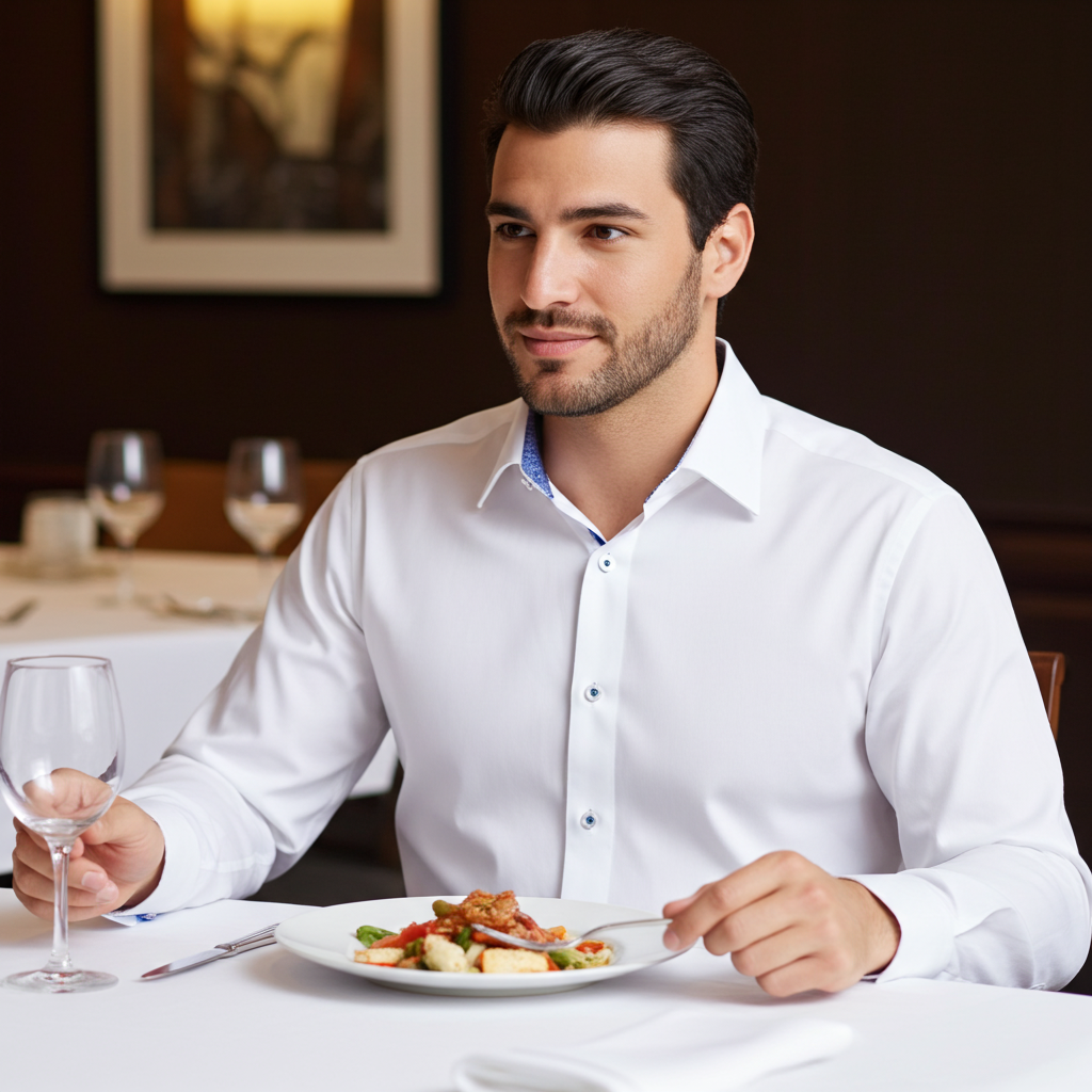 White button-up dress shirt with blue contrast collar and placket details