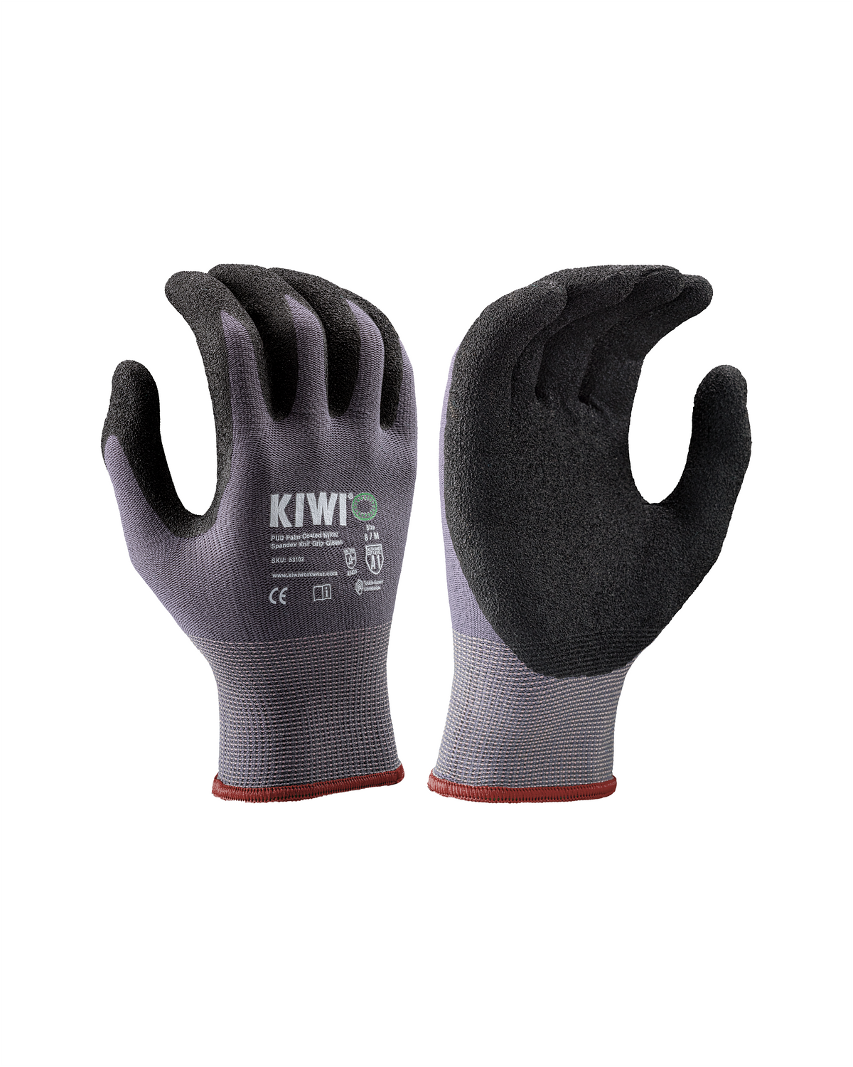 Grey knit work gloves with black PUD palm grip and red cuff trim, KIWI logo