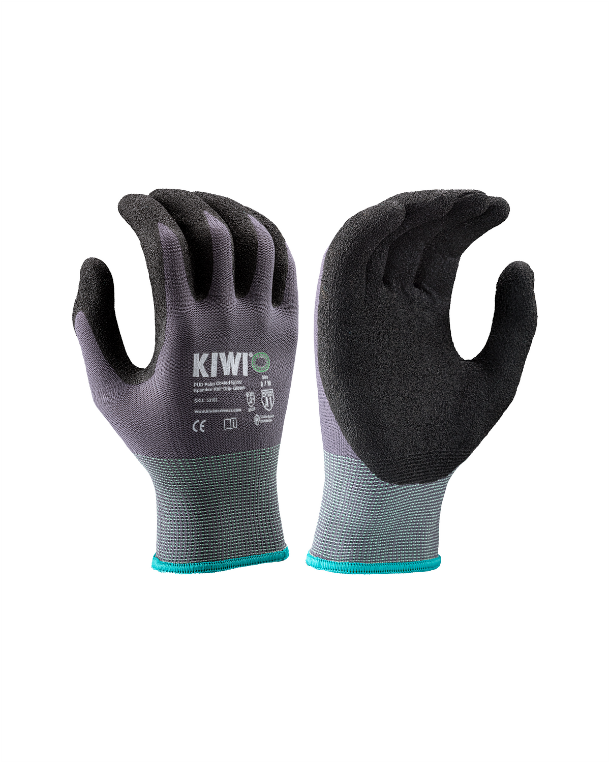 Grey knit work gloves with black PUD palm grip, turquoise cuffs, logo branding