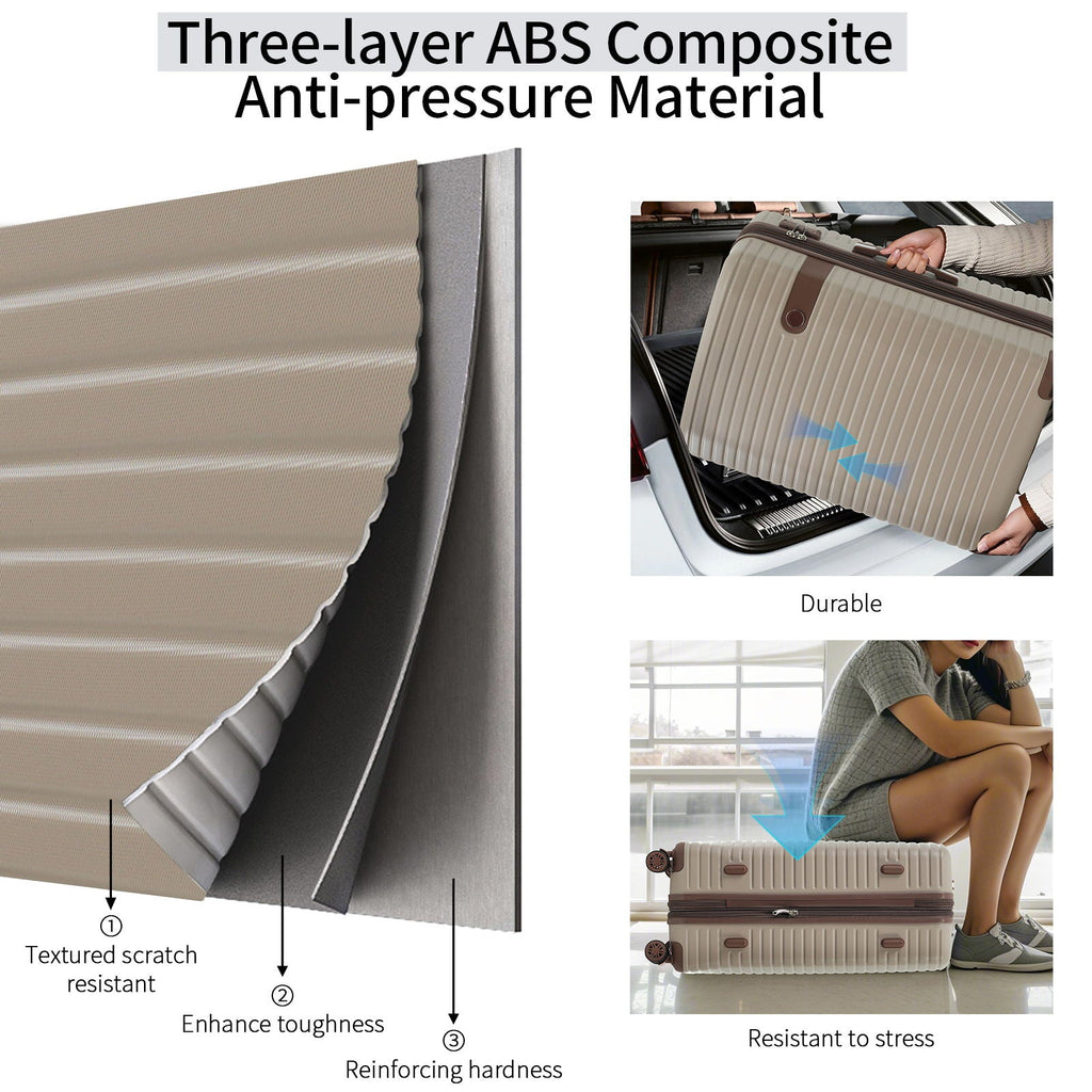Dark beige hard-shell luggage suitcase with ribbed texture and corner protection detail