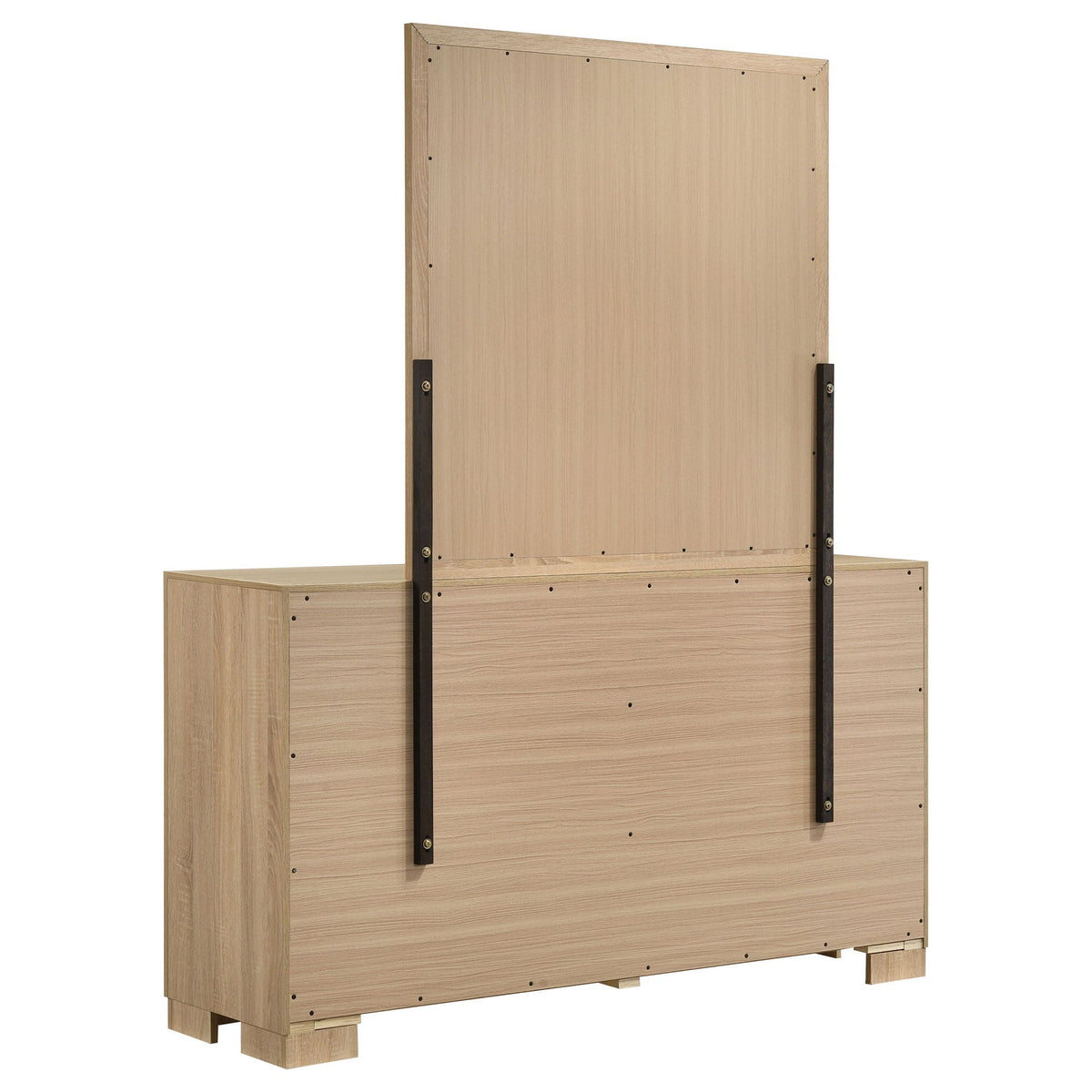 Light oak dresser with mirror, shown from back; rear panels and mounting brackets
