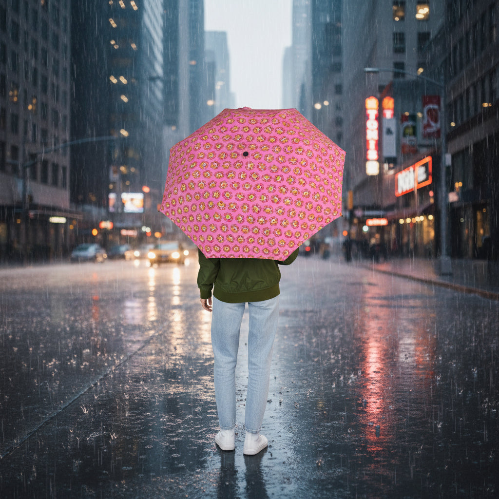 Pink compact umbrella, open canopy over a person’s back