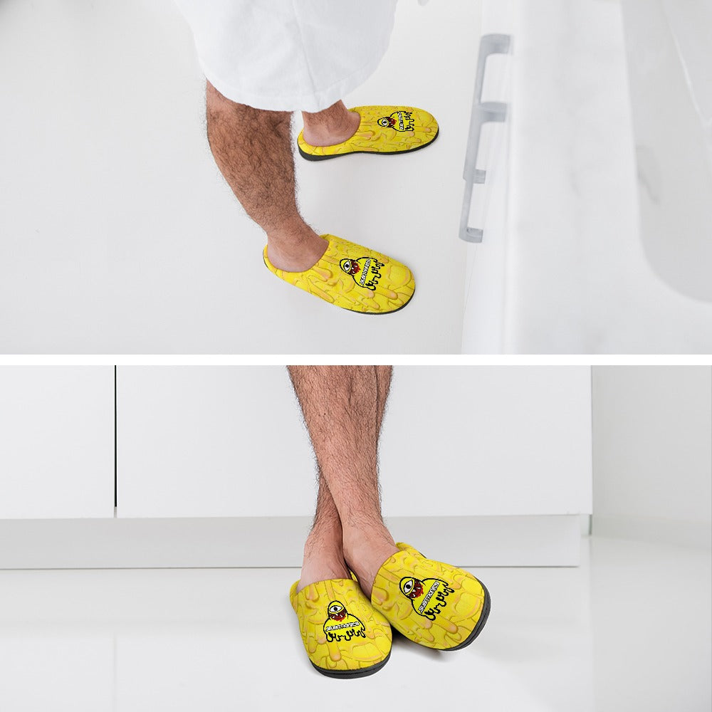 Person wearing yellow cotton slip-on slippers with black soles.
