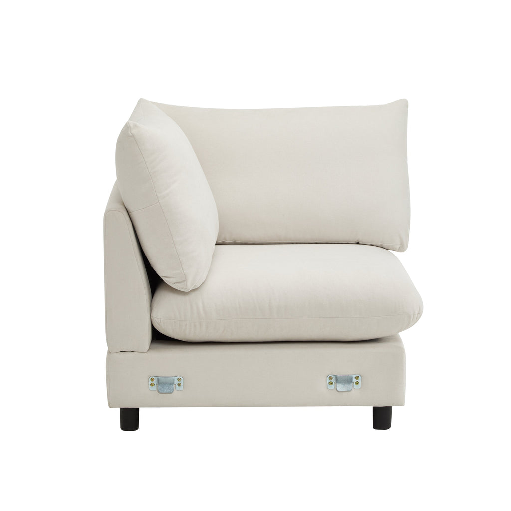 White modular accent chair section with back cushion and hinged-style arm