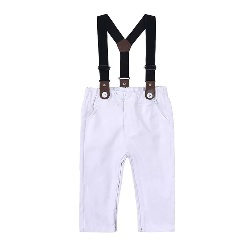 White children's overalls with black suspenders and button detail