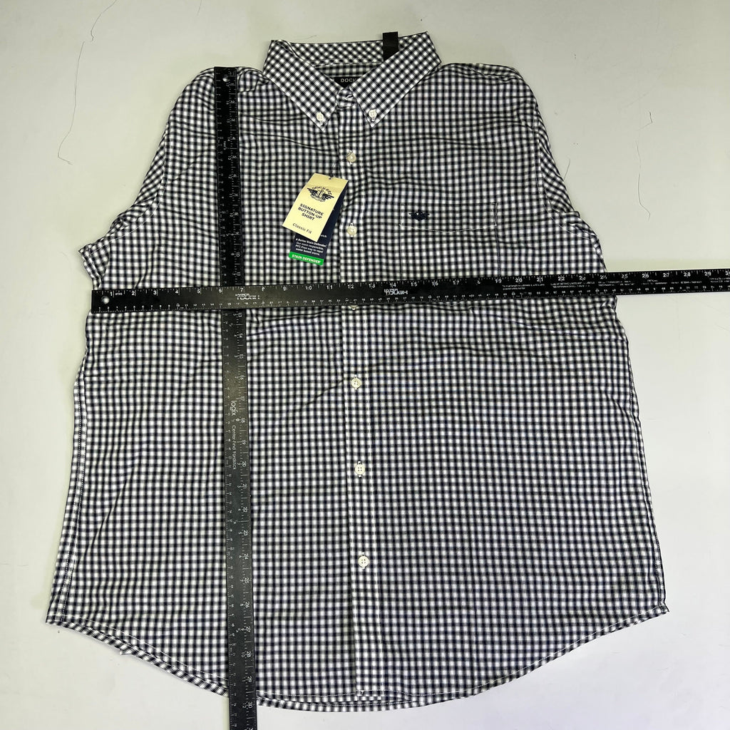 Men's button-up plaid shirt, navy-and-white check pattern
