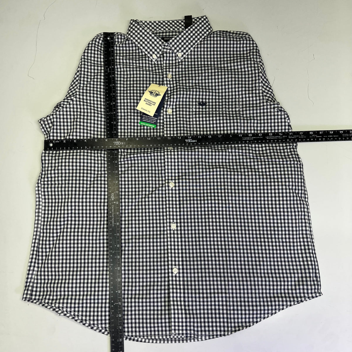 Men's button-up plaid shirt, navy-and-white check pattern
