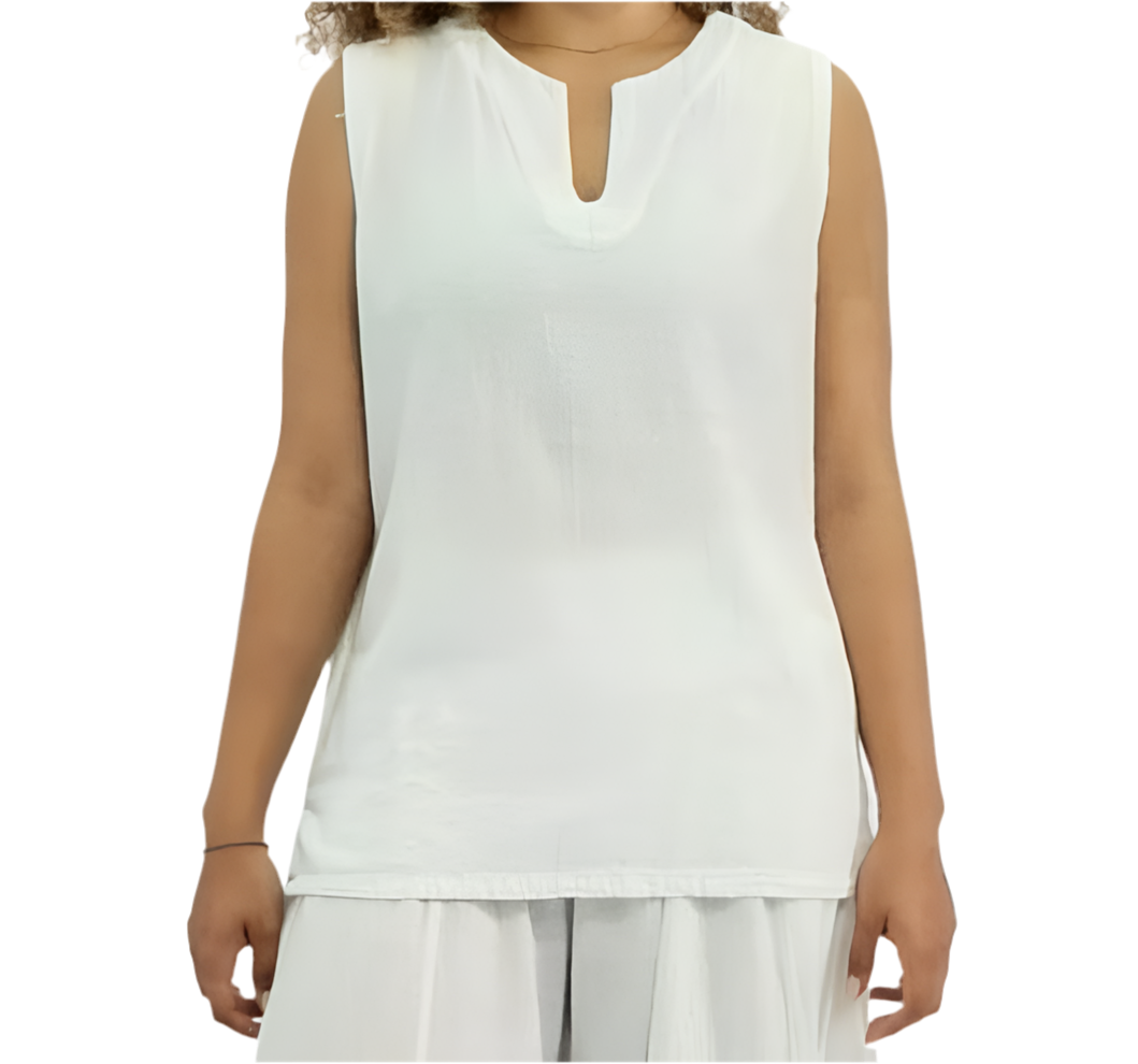 White sleeveless cotton gauze top with keyhole neckline