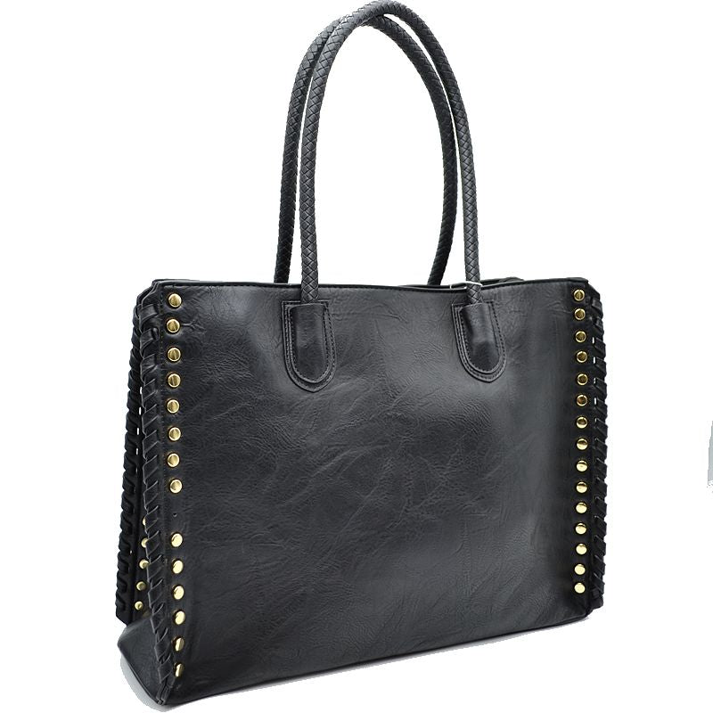 Black studded faux leather shoulder tote with whipstitch trim and twin handles