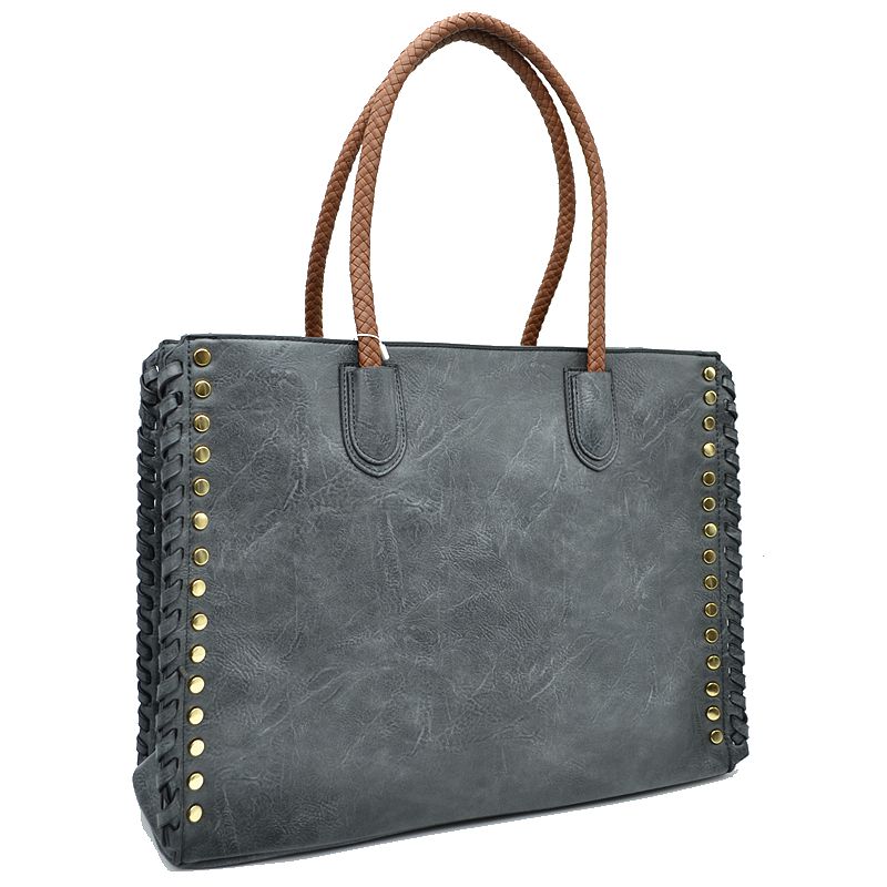 Dark gray faux leather tote with braided handles and gold studs along the edges