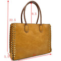 Mustard faux leather tote with studded sides, whipstitch trim, and twin top handles