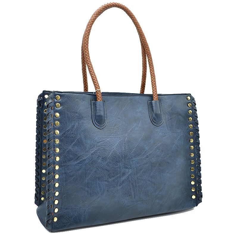 Dark blue faux leather tote bag with gold studs, whipstitch trim, and two top handles