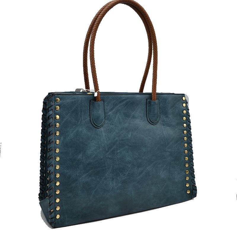 Studded faux leather tote bag with whipstitch, top handles, front pocket, dark teal color