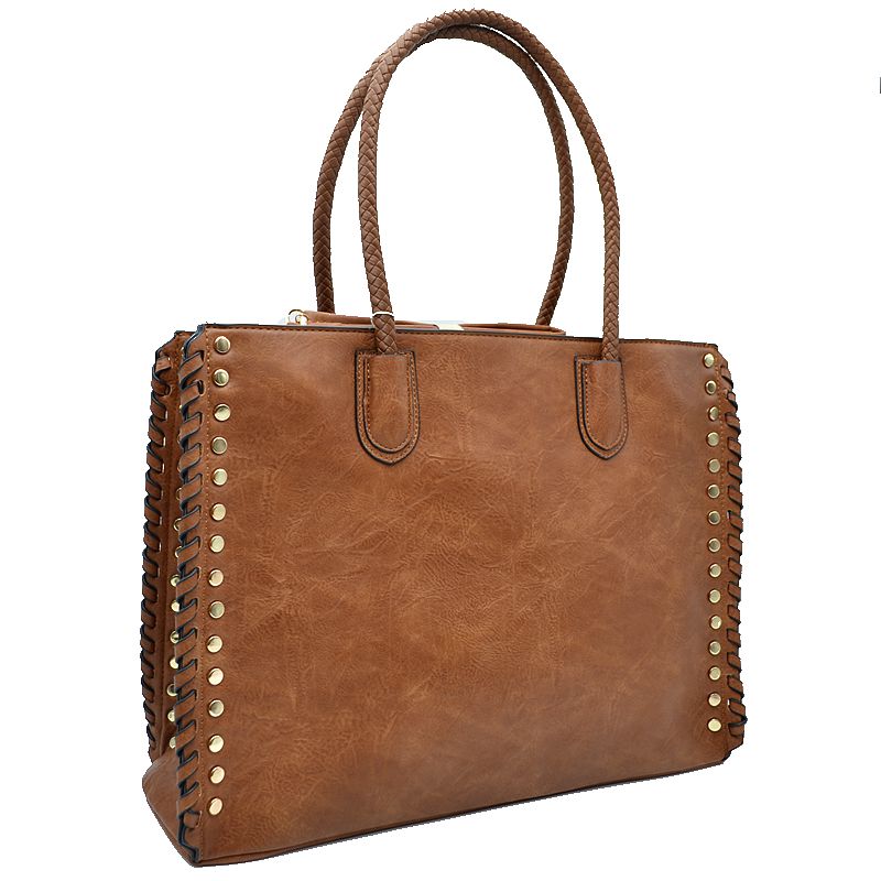 Brown faux leather tote bag with studded edges, whipstitch trim, and two top handles.