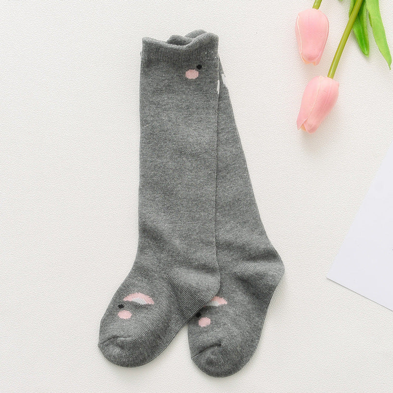 Dark gray children’s cartoon animal socks with small pink face at toe and cuff