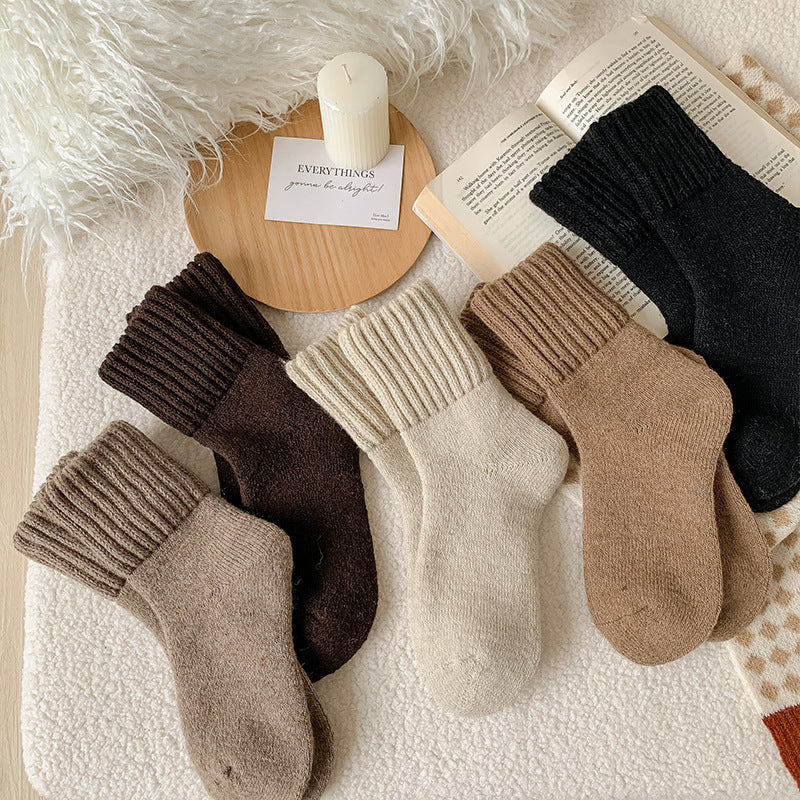 Children's thick tube socks set in dark brown, beige, tan, and brown; ribbed cuff