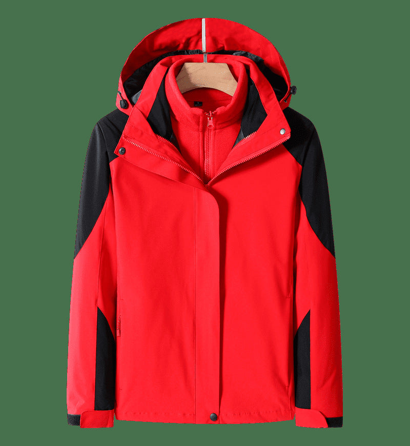 Red and black hooded shell jacket with full front zipper and stand collar