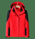 Red and black hooded shell jacket with full front zipper and stand collar
