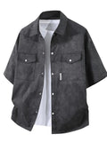 Men's plus size black short-sleeve button-up shirt with chest flap pockets