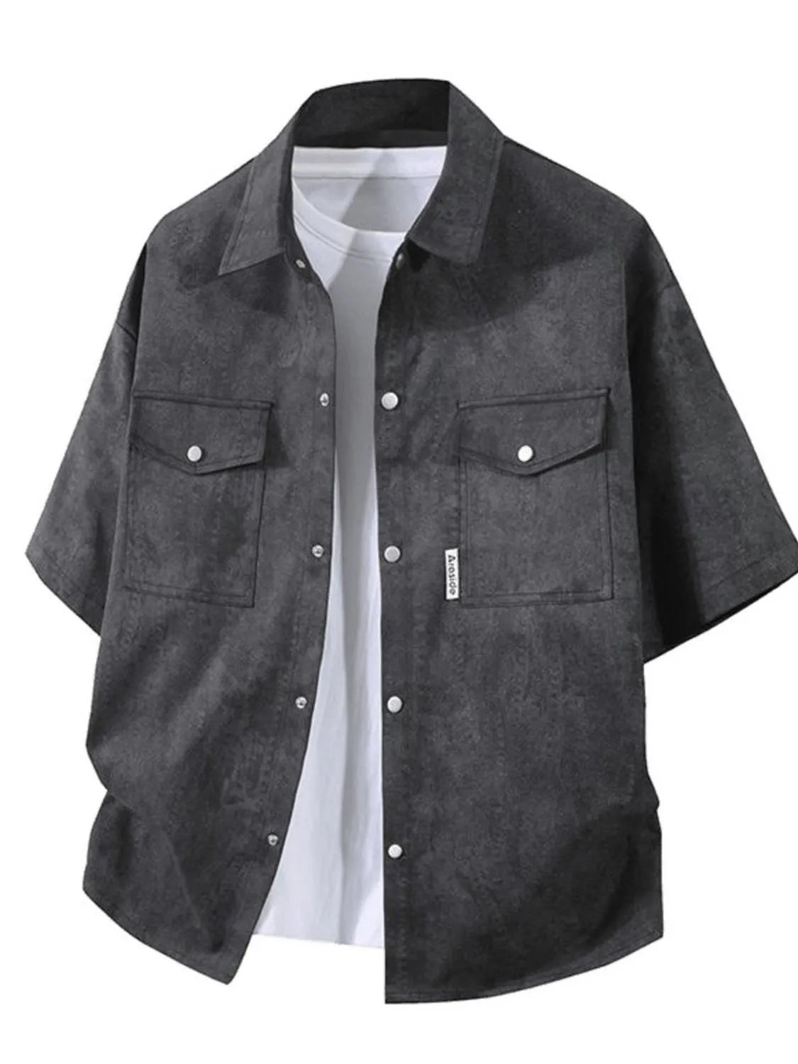 Men's plus size black short-sleeve button-up shirt with chest flap pockets