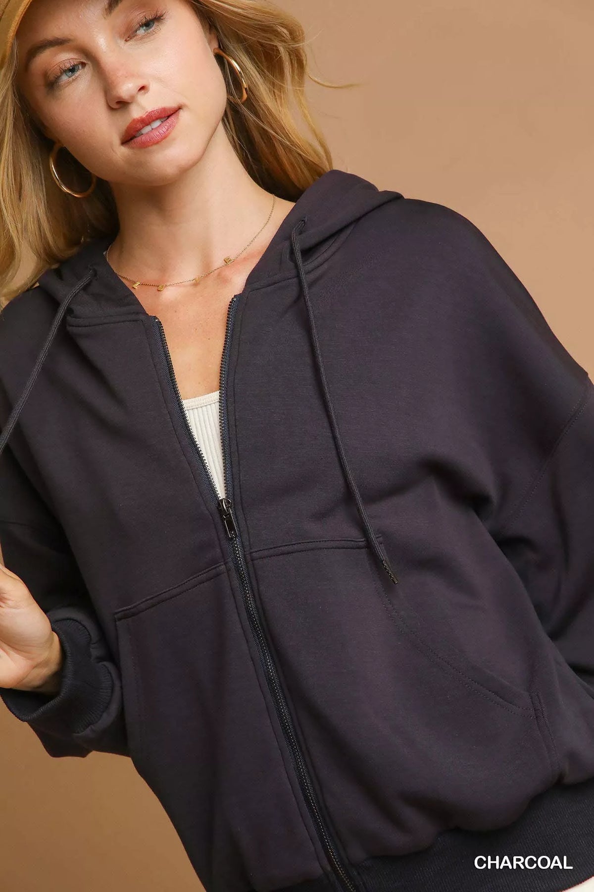 Charcoal hooded zip-up fleece jacket close-up of front zipper and hood