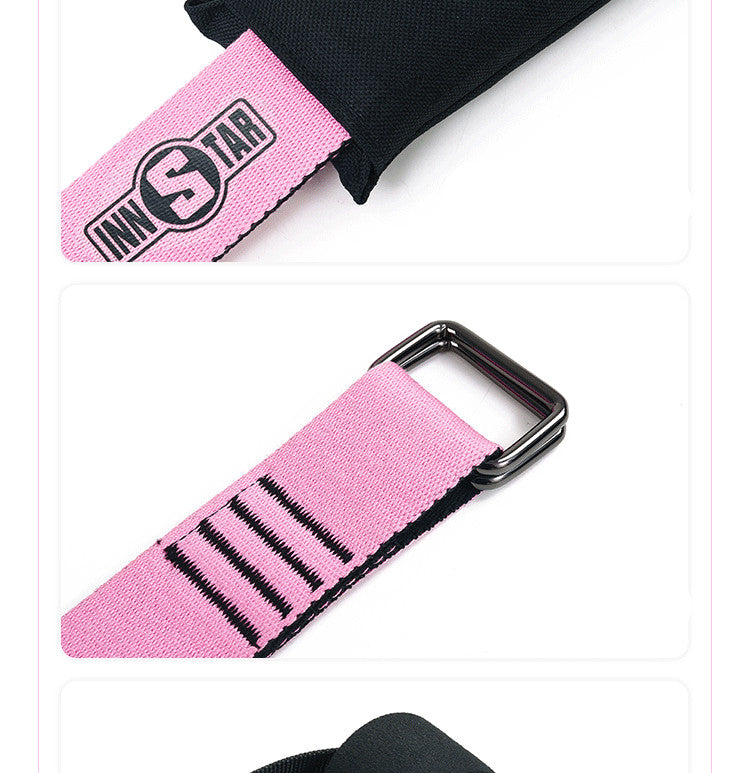 Pink yoga stretch band with black logo patch and metal adjustment buckle